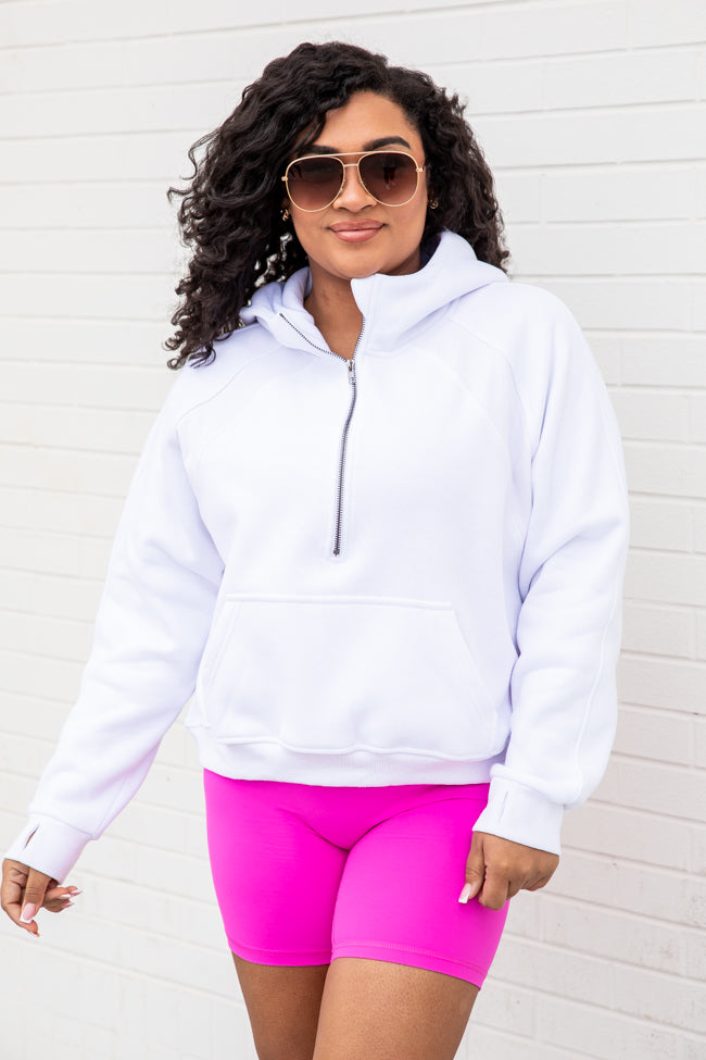 Making It Look Easy White Ribbed Shoulder Quarter Zip Pullover – Pink Lily