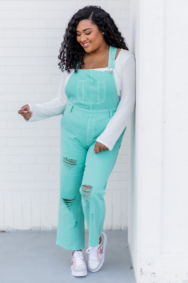 Just A Normal Girl Mint Distressed Straight Leg Denim Overalls FINAL SALE