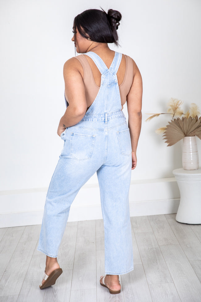 Just A Normal Girl Light Wash Distressed Straight Leg Denim Overalls