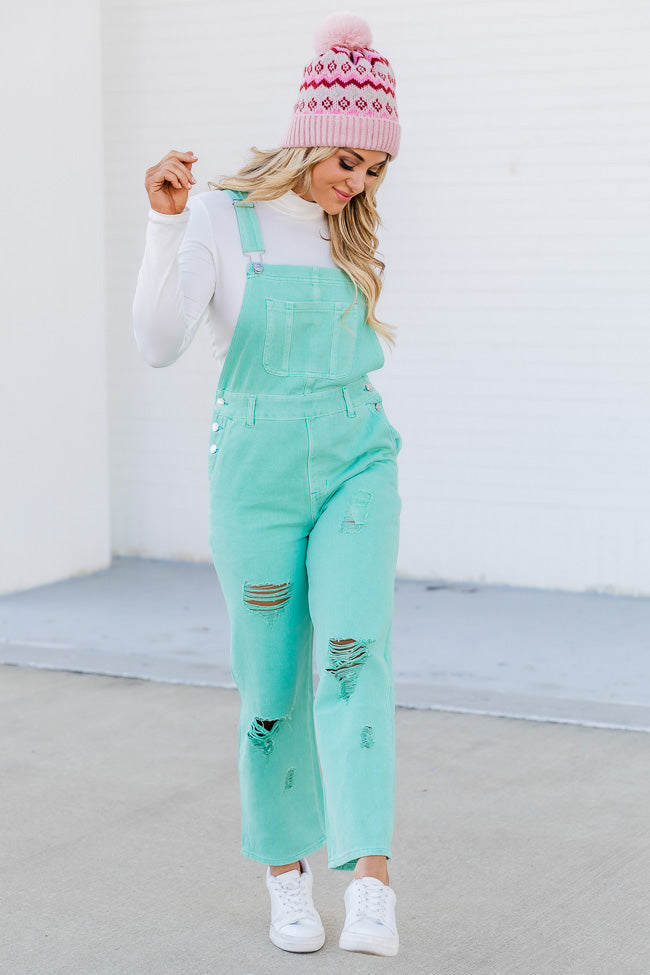 Just A Normal Girl Mint Distressed Straight Leg Denim Overalls FINAL SALE