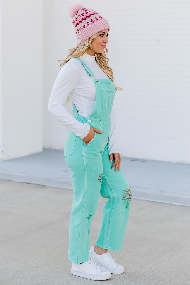 Just A Normal Girl Mint Distressed Straight Leg Denim Overalls