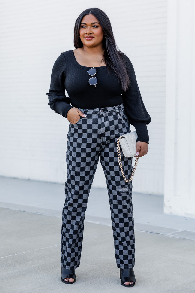Mallory Black And Grey Checkered High Waisted Straight Leg Jeans FINAL SALE