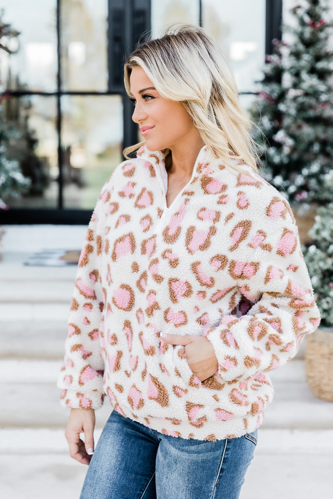 Call Of The Wild Pink Leopard Print Sherpa Quarter Zip Pullover