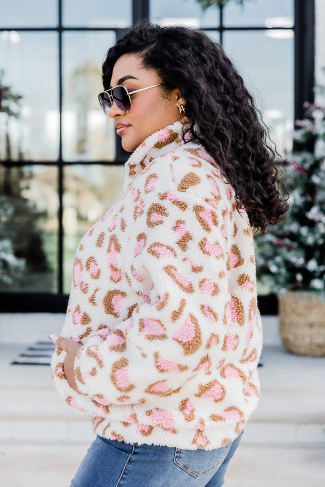 Call Of The Wild Pink Leopard Print Sherpa Quarter Zip Pullover