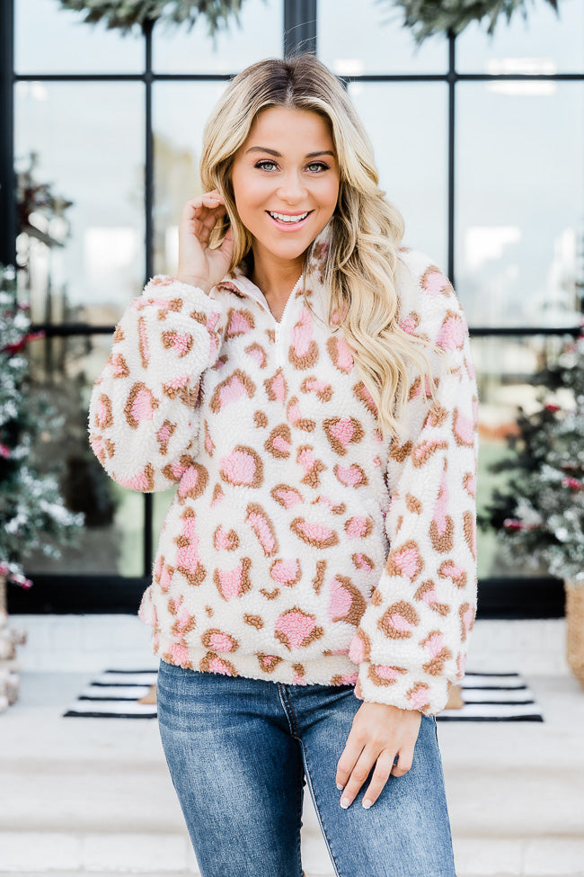 Too Much Fun Fuzzy Black And Ivory Leopard Print Quarter Zip – Pink Lily