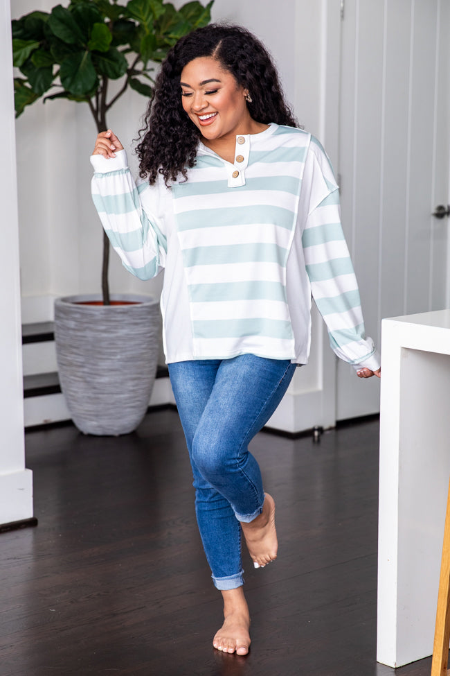Daily Basis Mint Striped Henley Blouse FINAL SALE