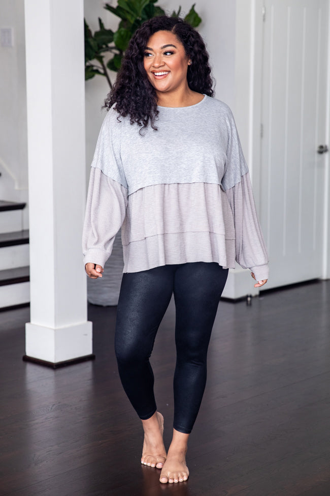 Daily Affirmations Heather Grey Tiered Waffle Knit Blouse FINAL SALE