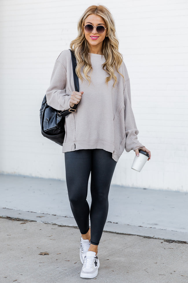 Give In To You Taupe Boatneck Waffle Knit Oversized Pullover