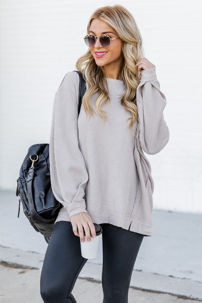 Give In To You Taupe Boatneck Waffle Knit Oversized Pullover