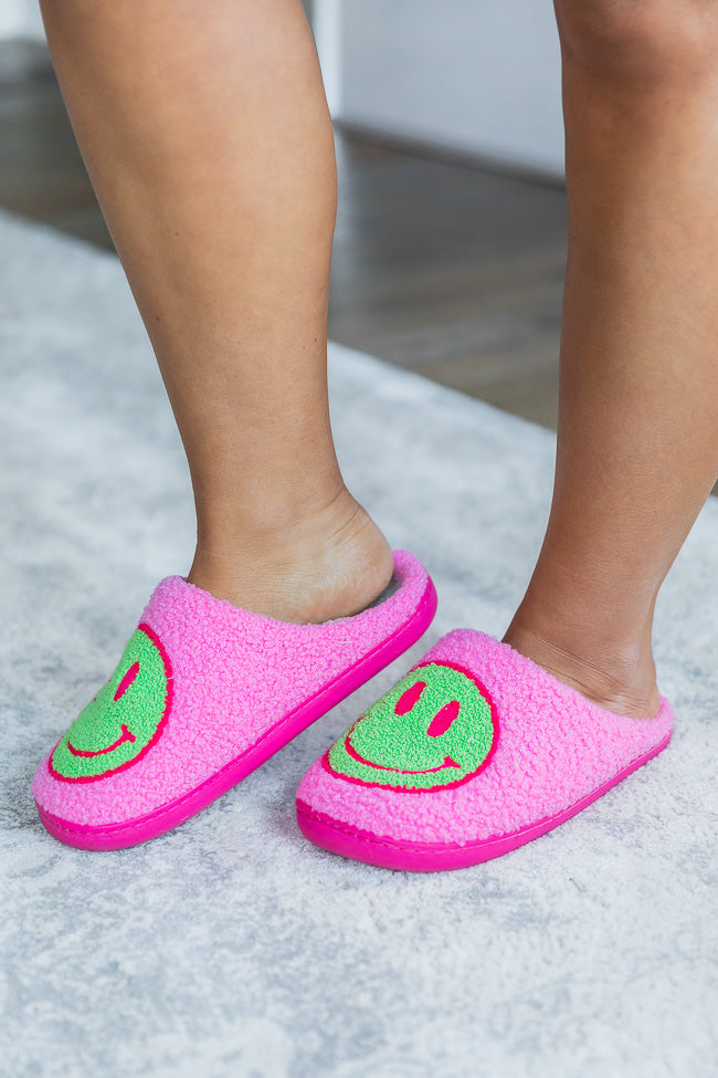 Neon Green And Hot Pink Smiley Slippers