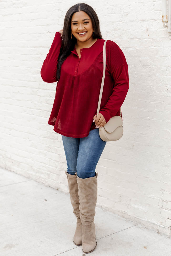 Take The Leap Cranberry Henley Waffle Knit Blouse