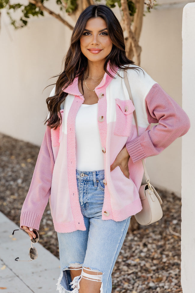 Sounds Good To Me Pink And Ivory Colorblock Knit Shacket