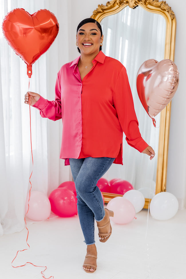 Eclipse Of The Heart Pink And Red Splice Satin Button Up Shirt FINAL SALE