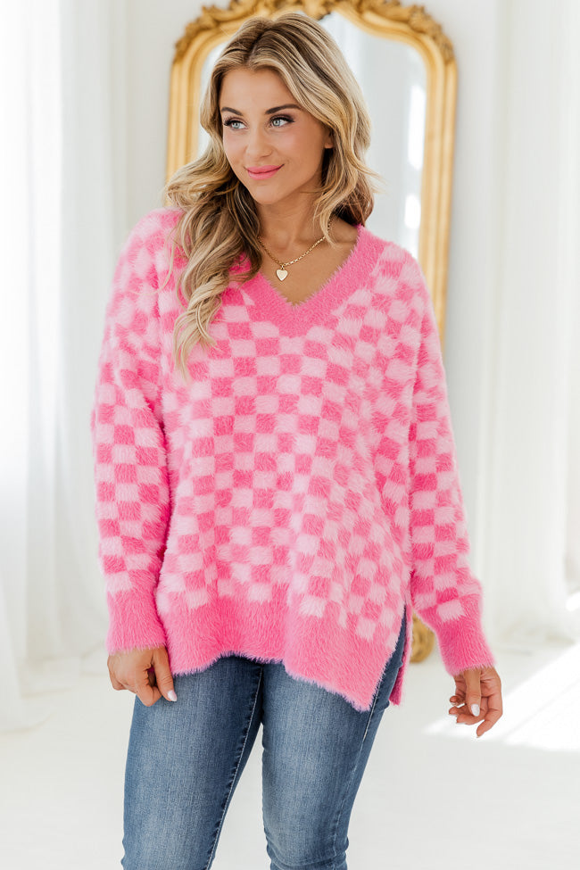 The Space Between Pink Fuzzy Checkered Sweater
