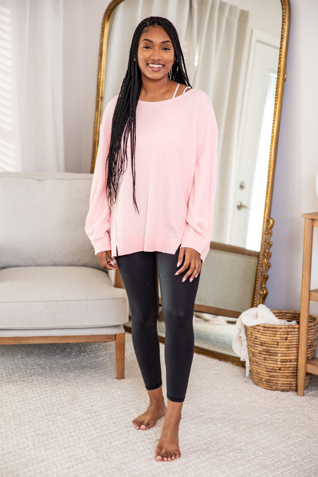 Give In To You Pink Boatneck Waffle Knit Oversized Pullover