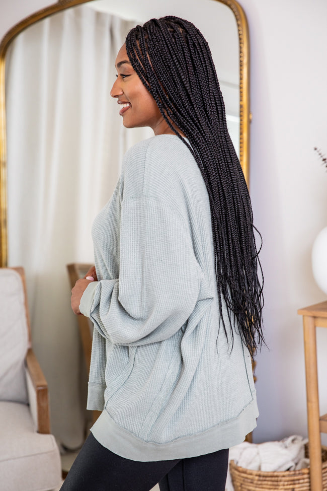 Give In To You Sage Boatneck Waffle Knit Oversized Pullover FINAL SALE