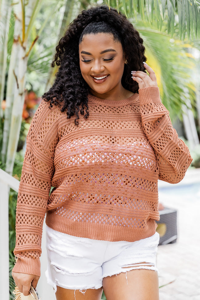 From The Top Terracotta Open Knit Sweater – Pink Lily