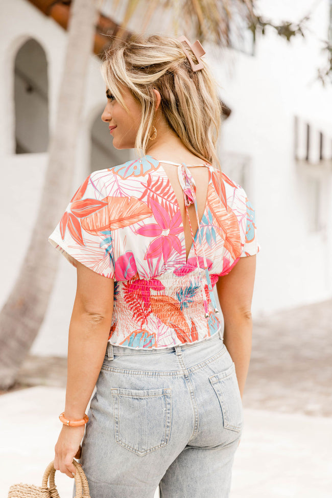 Enjoy Every Moment Smocked Waist Blouse in Palm Beach White Tropical Print FINAL SALE
