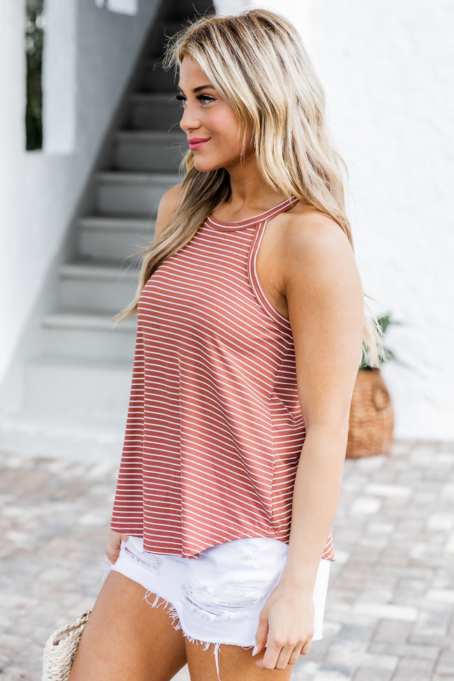 She's On It Striped Brown Ribbed Halter Neck Tank FINAL SALE