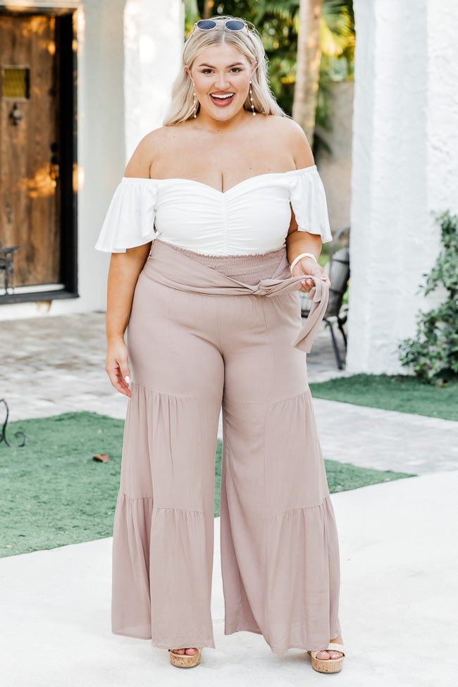 Don't Get Me Wrong Taupe Smocked Tie-Waist Tiered Pants