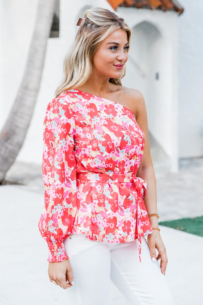 Destination Unknown One Shoulder Blouse in Watercolor Red Floral Print FINAL SALE