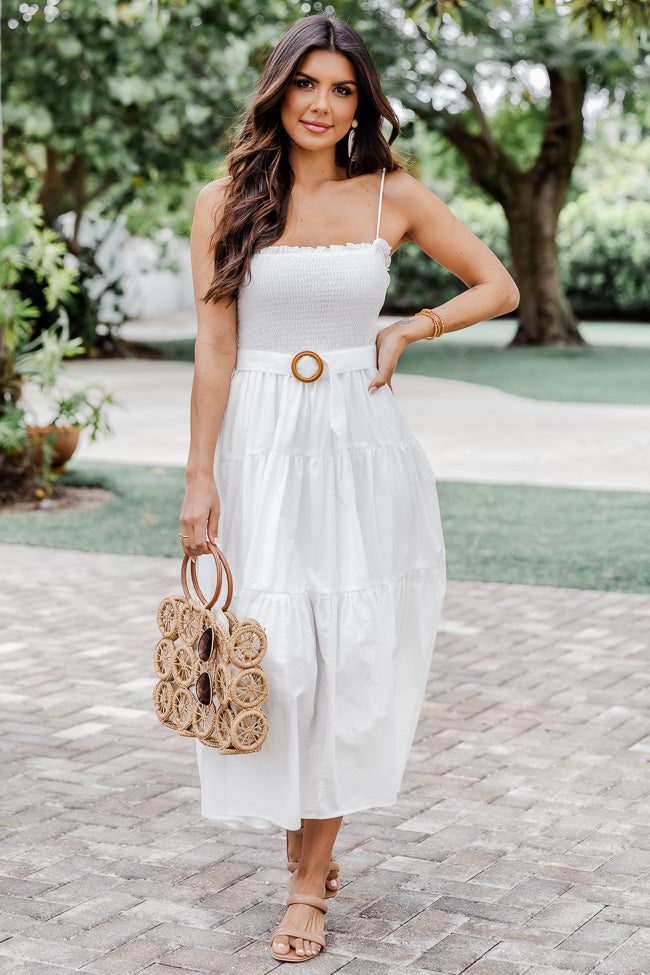 Hard To Please Smocked White Belted Midi Dress FINAL SALE