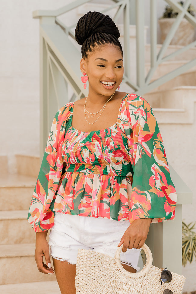 Take Me There Green Smocked Bust Floral Blouse FINAL SALE