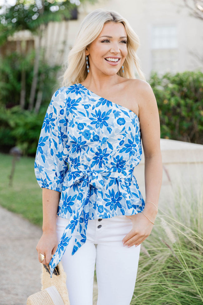 Out Of The Blue One Shoulder Blue Printed Blouse FINAL SALE