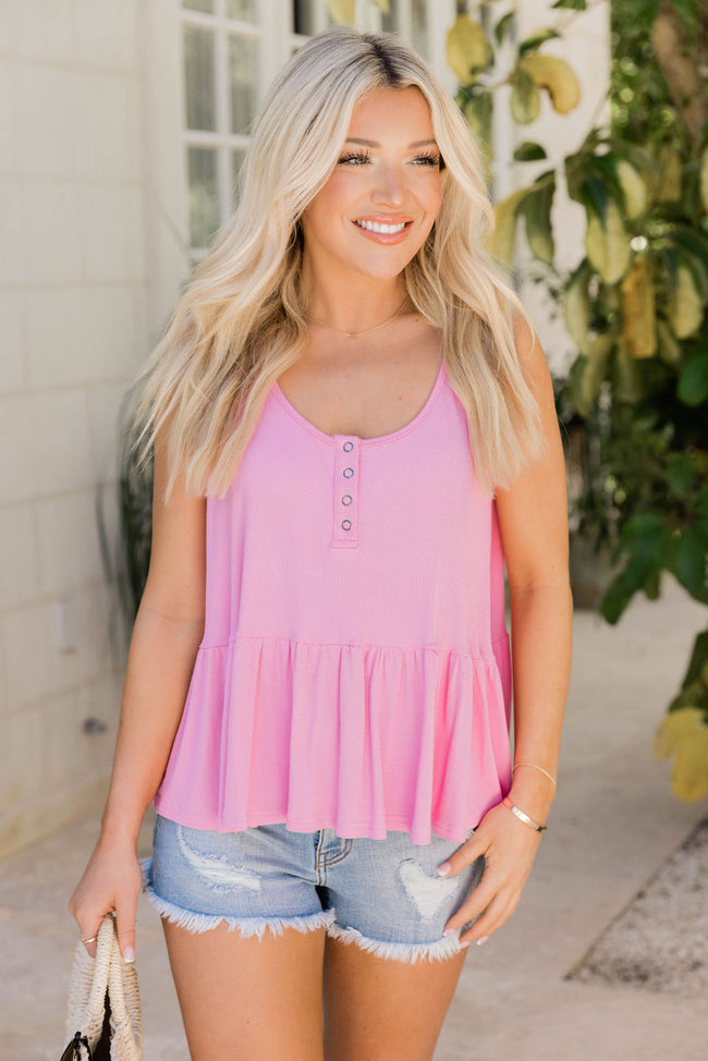 Happy Anywhere Pink Ribbed Henley Peplum Tank FINAL SALE – Pink Lily