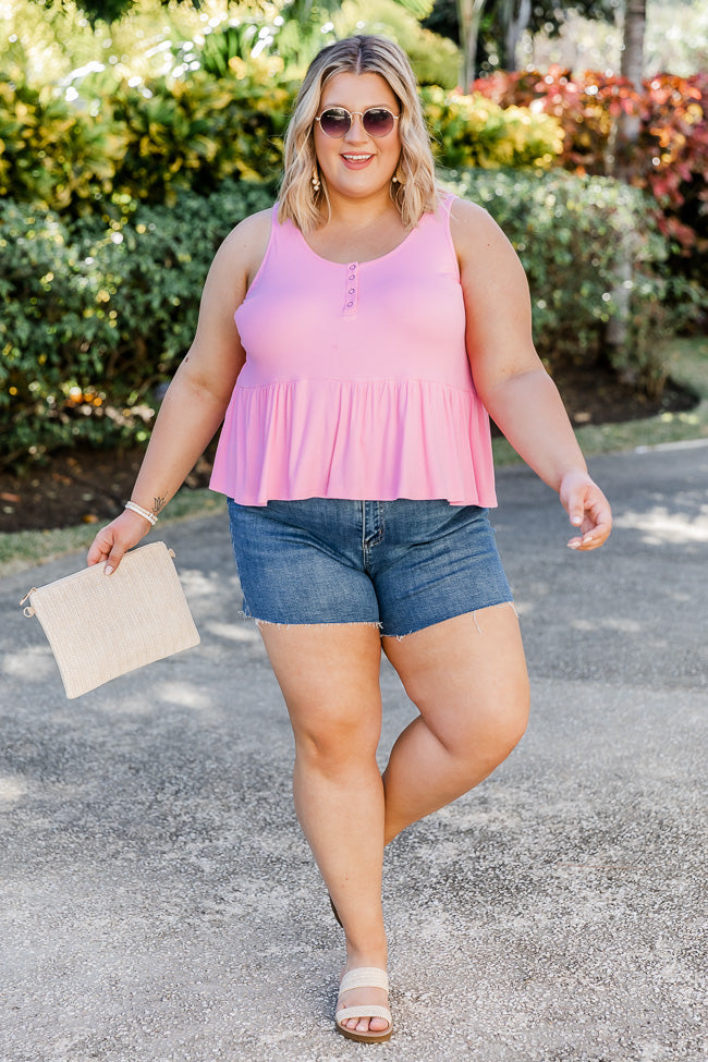 Happy Anywhere Pink Ribbed Henley Peplum Tank FINAL SALE
