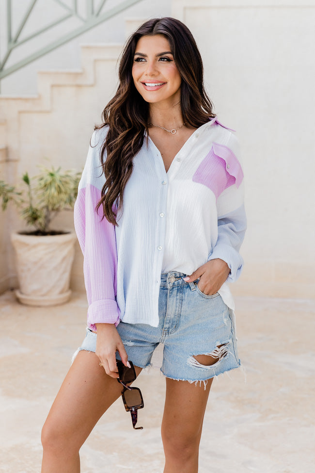 Just So You Know Purple and Blue Colorblock Gauze Button Up FINAL SALE
