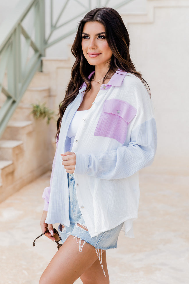 Just So You Know Purple and Blue Colorblock Gauze Button Up FINAL SALE