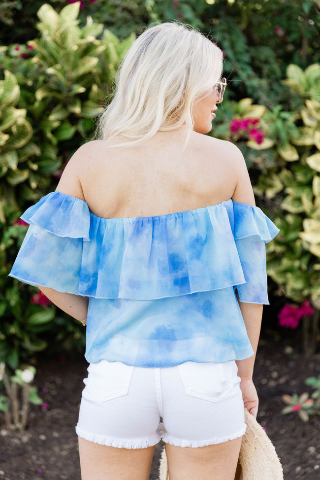 Holding Onto Happiness Blue Watercolor Off The Shoulder Printed Blouse FINAL SALE