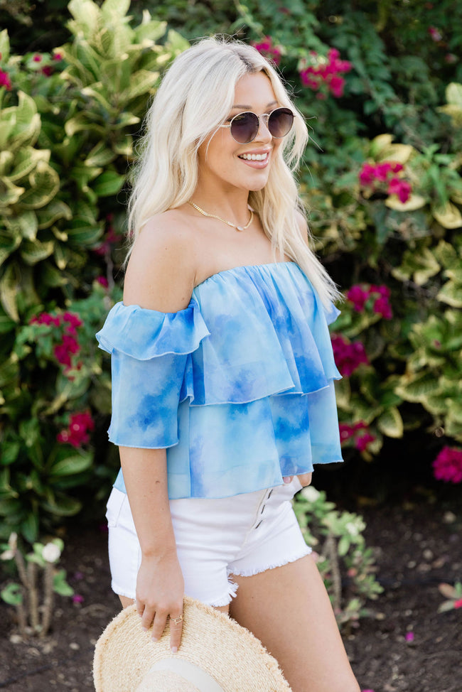Holding Onto Happiness Blue Watercolor Off The Shoulder Printed Blouse FINAL SALE
