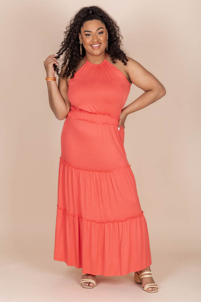 Stay A While Coral Halter Neck Maxi Dress FINAL SALE