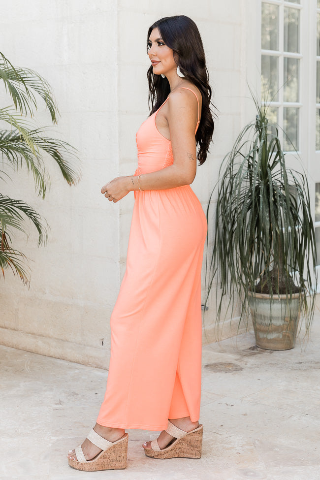 Somewhere Sunny Neon Coral Jumpsuit FINAL SALE – Pink Lily