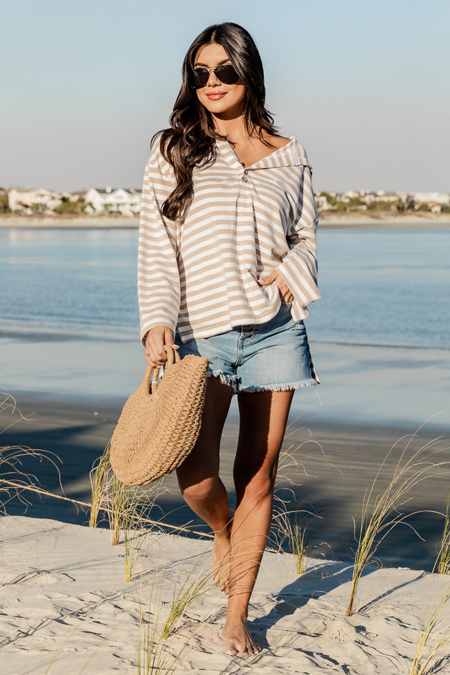 Good To Go Taupe Striped Hooded Pullover