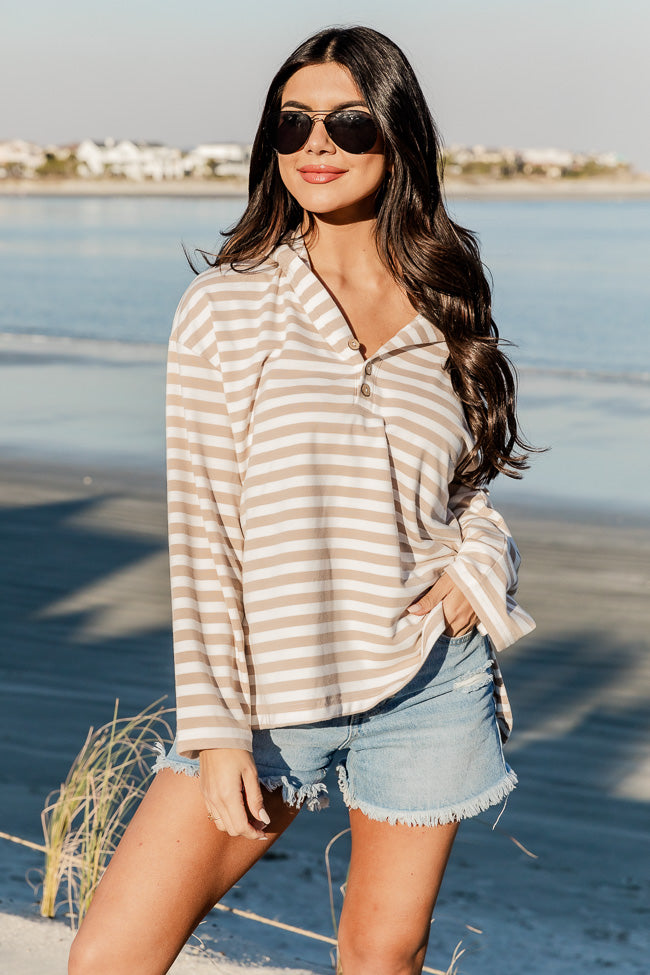 Good To Go Taupe Striped Hooded Pullover