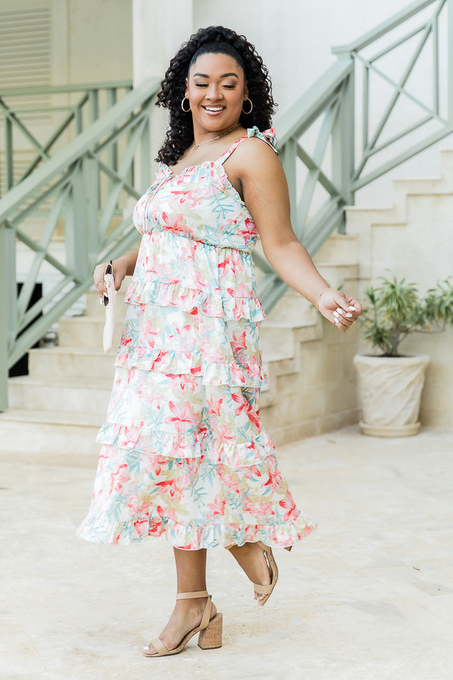 Stay In Paradise Floral Tiered Satin Midi Dress FINAL SALE