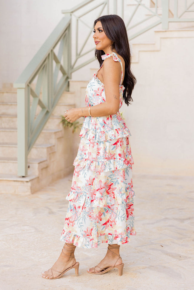 Stay In Paradise Floral Tiered Satin Midi Dress FINAL SALE