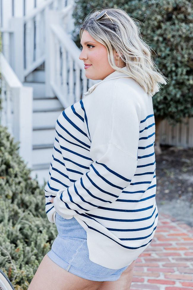 Pulling Heartstrings Ivory and Navy Stripe Quarter Zip Pullover