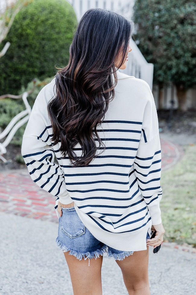 Pulling Heartstrings Ivory and Navy Stripe Quarter Zip Pullover FINAL SALE