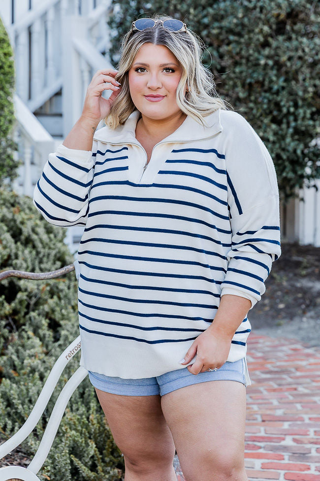 Pulling Heartstrings Ivory and Navy Stripe Quarter Zip Pullover FINAL SALE