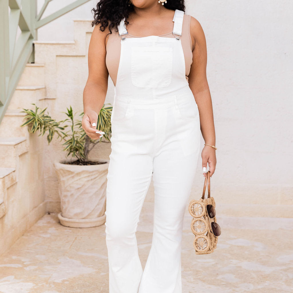 My Baby Loves Me White Flared Overalls FINAL SALE Pink Lily