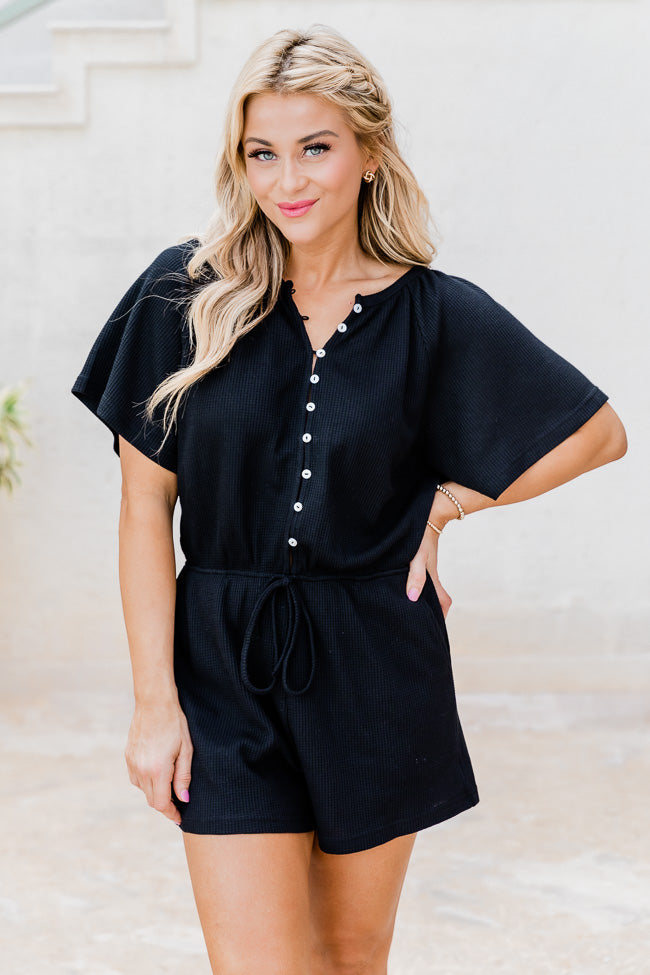 Chase The High Black Waffle Knit Button Up Romper