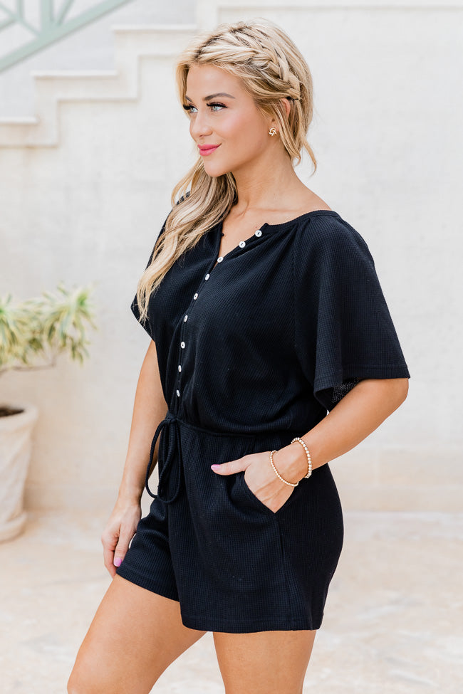 Chase The High Black Waffle Knit Button Up Romper