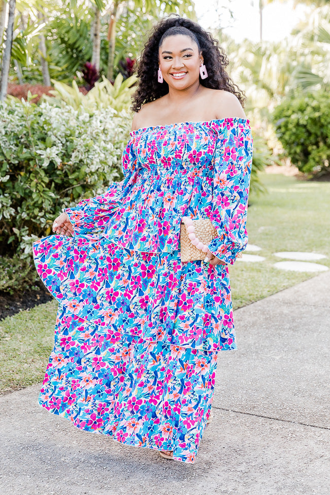 Porch Kisses Blue Smocked Bust Maxi Dress – Pink Lily