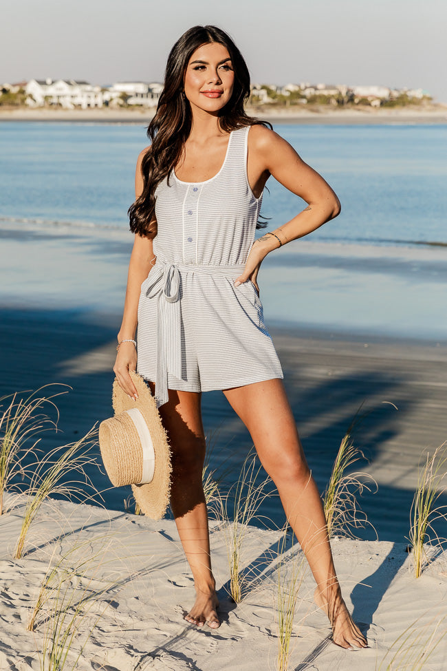 Slowly Drifting White and Blue Striped Button Front Romper
