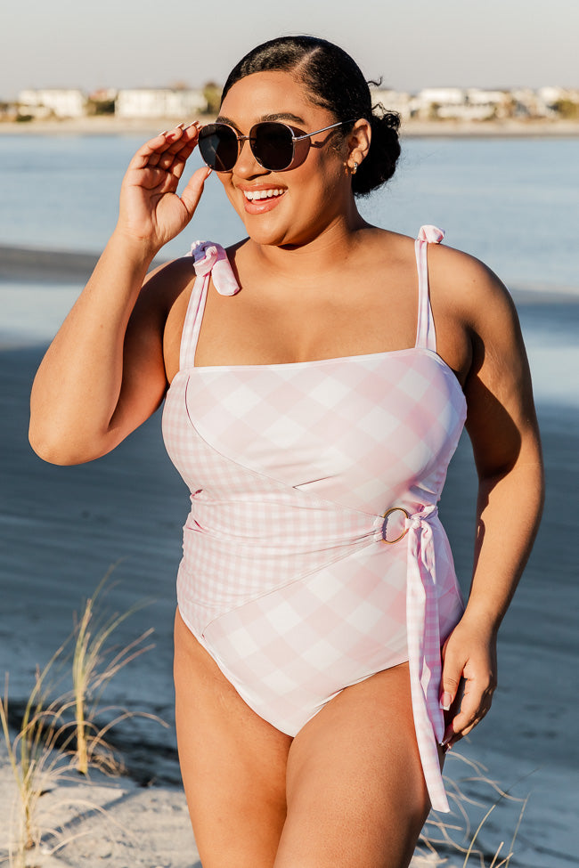 Cool By The Pool Light Pink Gingham Wrap One Piece Swimsuit FINAL SALE