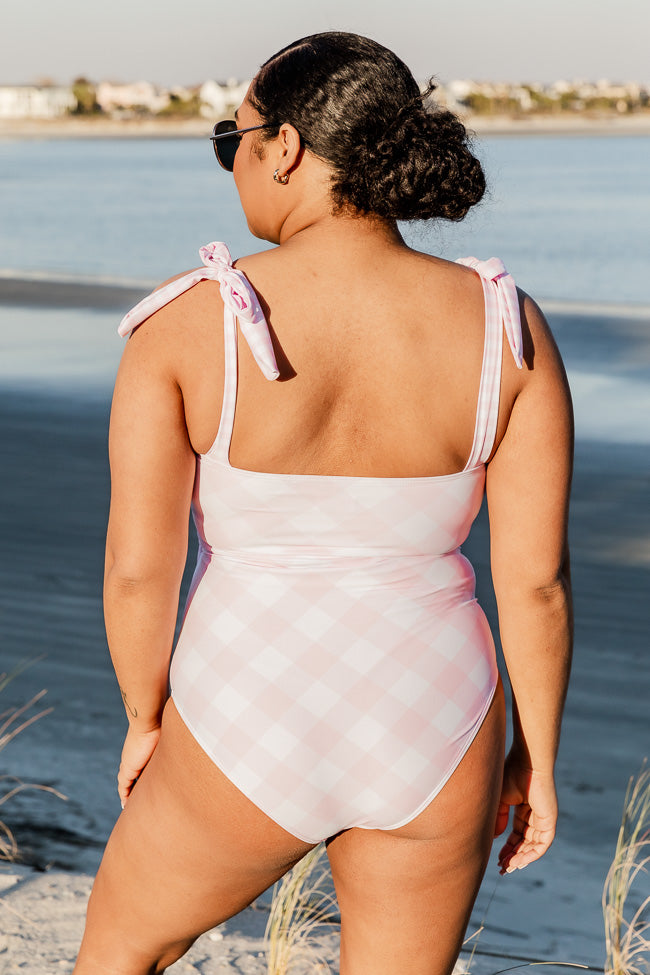 Cool By The Pool Light Pink Gingham Wrap One Piece Swimsuit FINAL